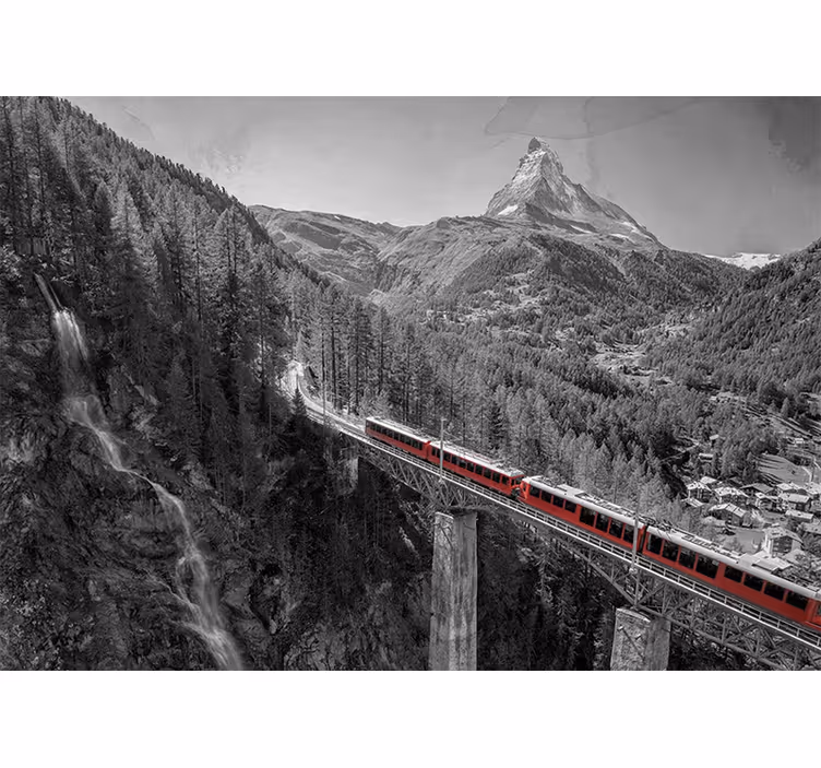 Rullegardiner til stue med rød tog på bro ved matterhorn - TenStickers