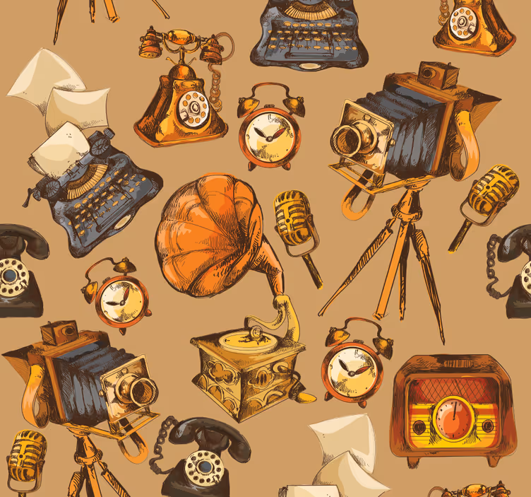 Retro rullegardin med vintage objekter collage - TenStickers