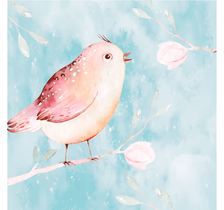 Rullegardiner til stue malet fugl med hvide blomster - TenStickers
