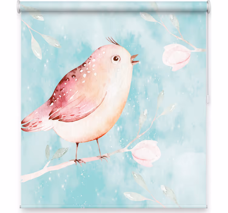 Rullegardiner til stue med malet fugl og hvide blomster - TenStickers