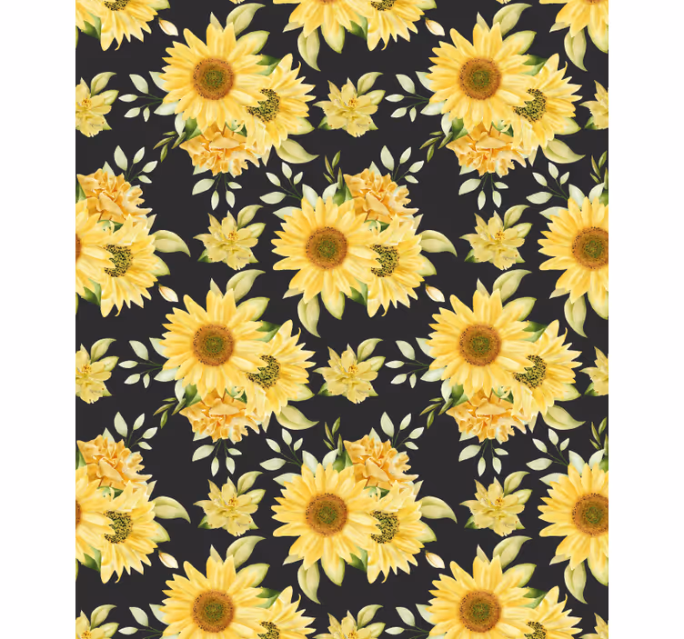 Solsikke mønster sort baggrund blomsterRullegardin - TenStickers