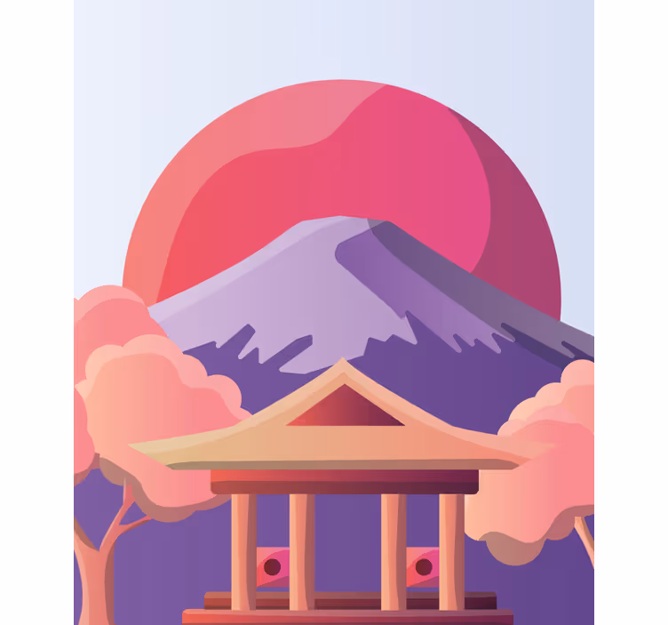 Vulkan med rød sol japansk rullgardin maleri - TenStickers