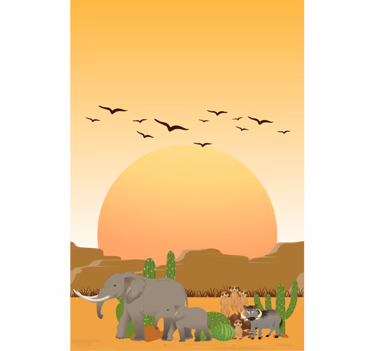 Afrikansk solnedgang i naturen forskellige dyreRullegardiner - TenStickers