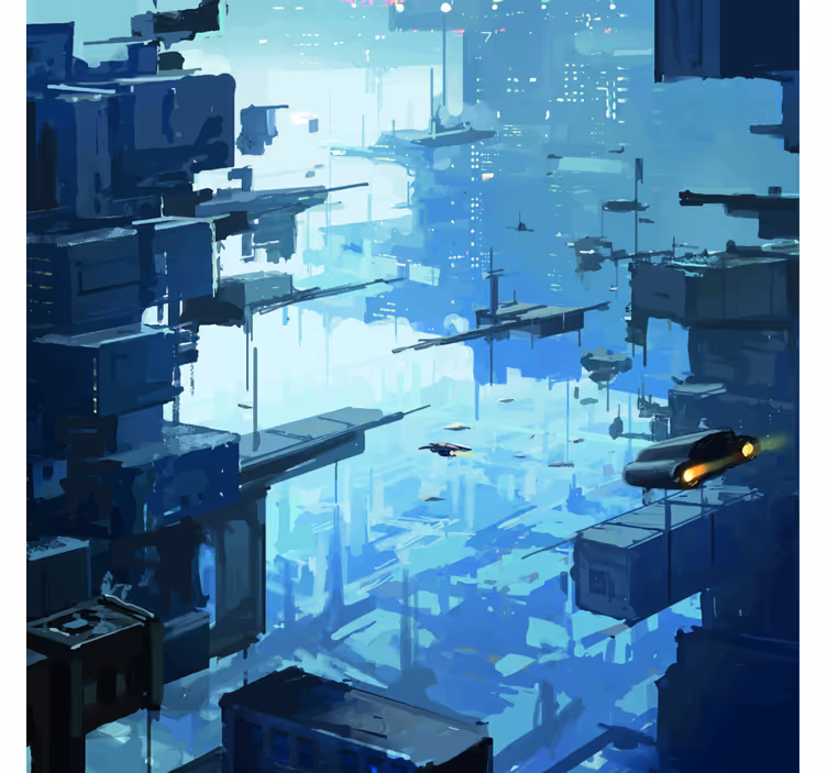 Blå fototapet futuristisk by med rumskibe - TenStickers