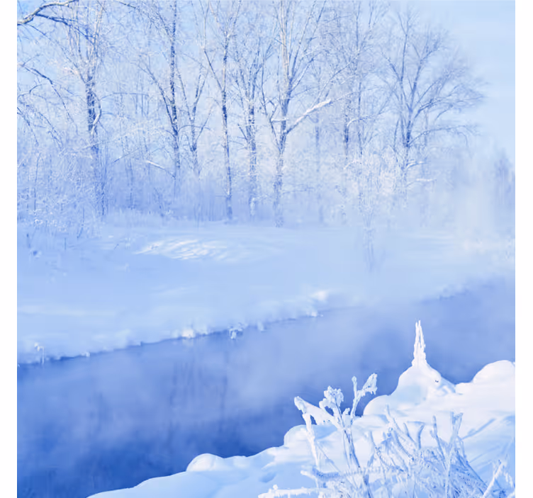 Blå fototapet med hvide frosttræer og flod - TenStickers