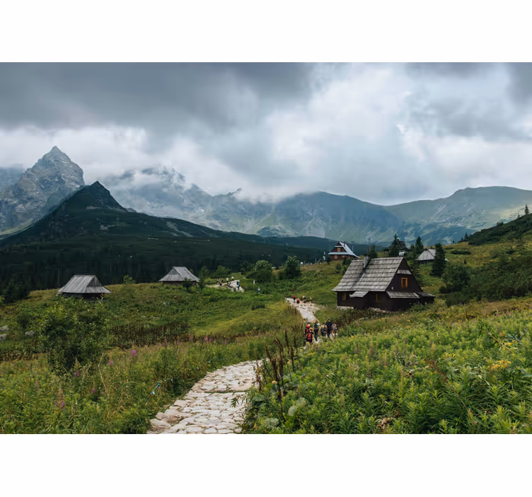 Grøn fototapet træhuse i tatra bjergene - TenStickers