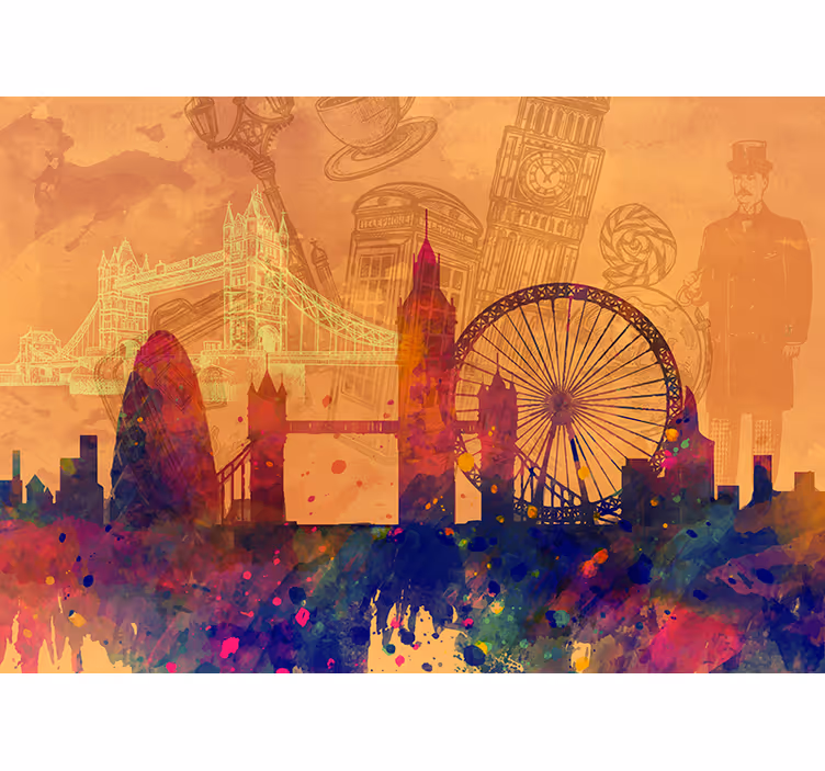 Orange fototapet med historisk skyline silhuet - TenStickers