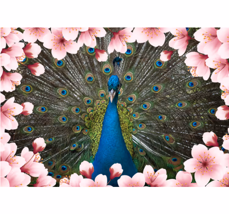 Dyr påfugle 3d med blomster 3d fototapet - TenStickers