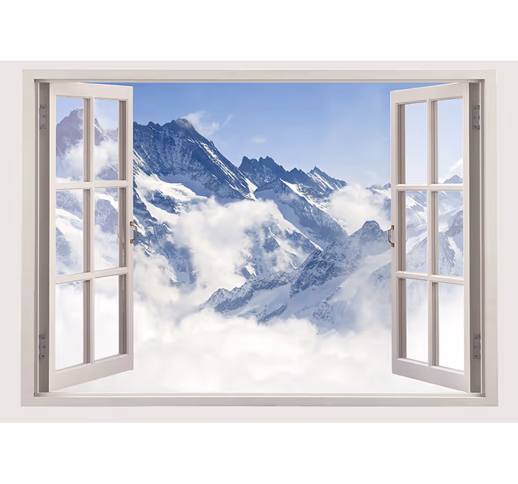 Bjerg fra vinduet blå himmel 3d fototapet - TenStickers