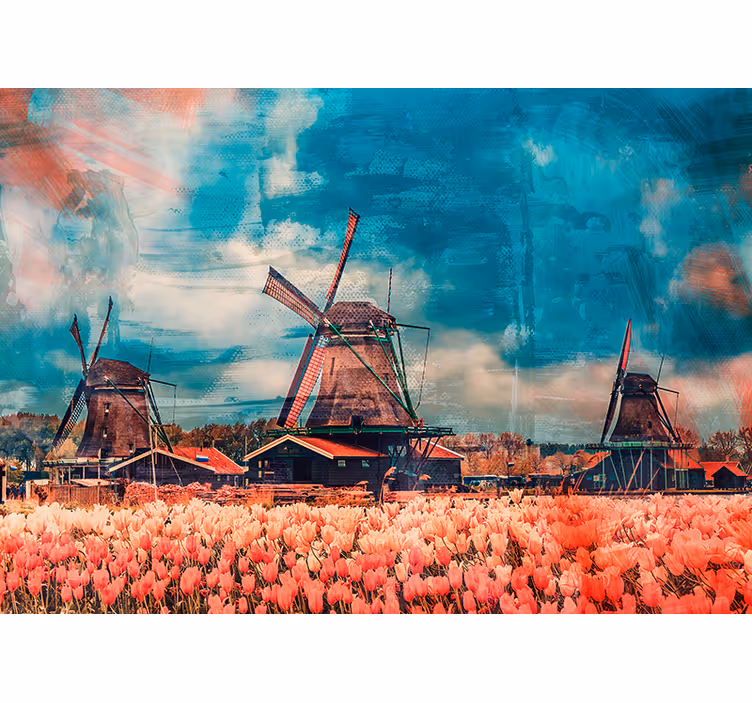 Tulipanmarker og vindmøller fototapet af byer - TenStickers