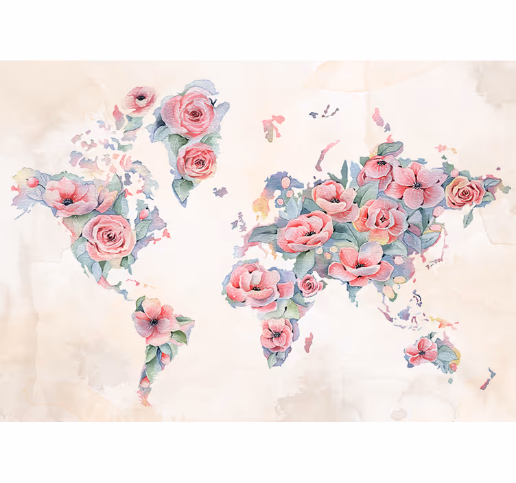 Med blomster dekoreret verdenskort fototapet - TenStickers