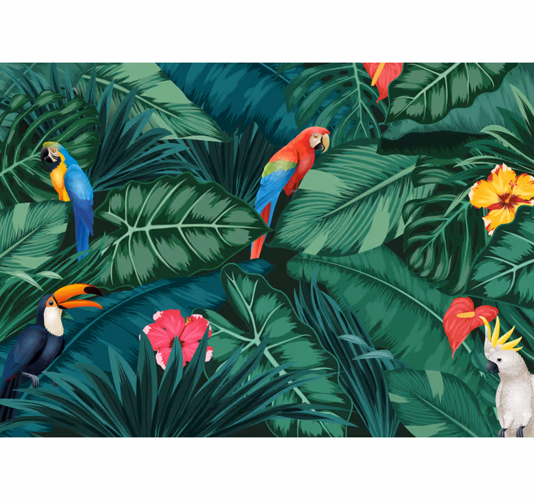 Farverig jungle med papegøje skov fototapet - TenStickers