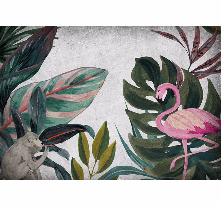 Fototapet jungle flamingo og abe - TenStickers