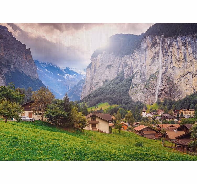 Små huse ved bjergets natur fototapet - TenStickers