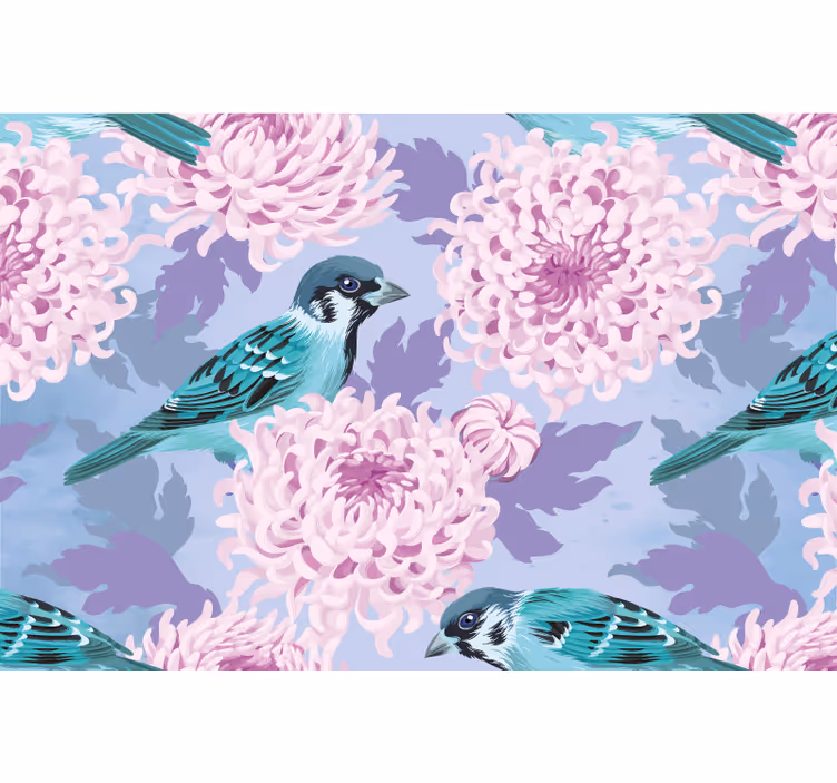 Fototapet blomster blå fugle blomster - TenStickers
