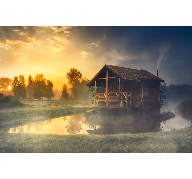 Landskab fototapet stille hytte solnedgang - TenStickers