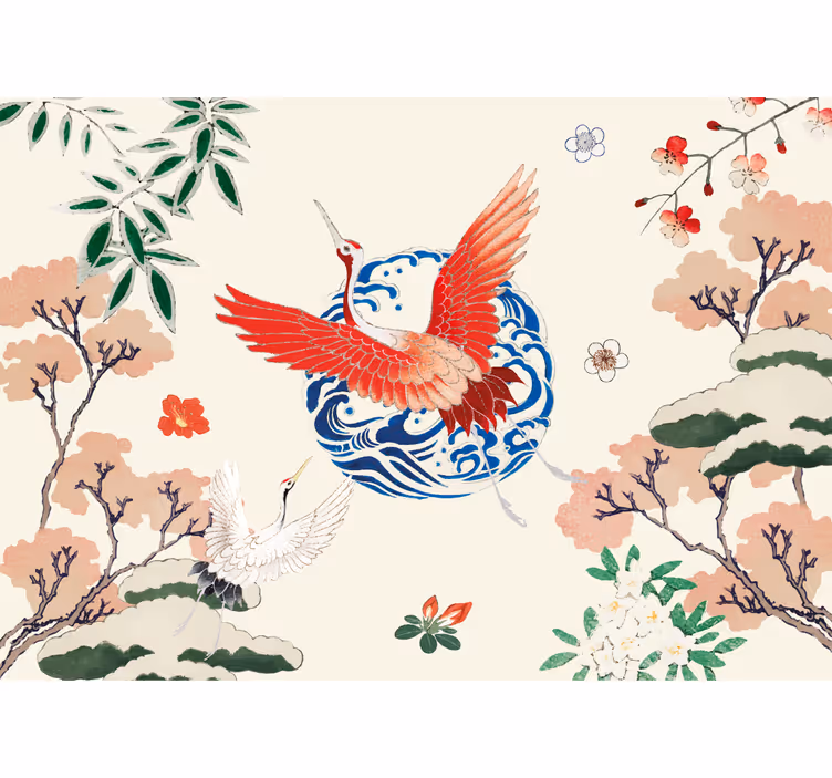 Malet asiatisk zen fugl vintage fototapet - TenStickers