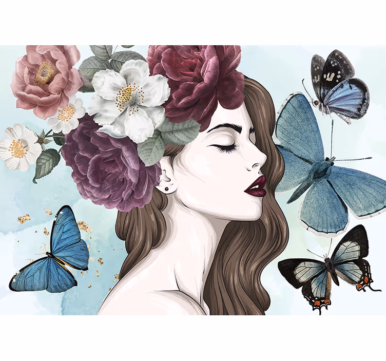 Fototapet blomster kvinde med sommerfugle - TenStickers