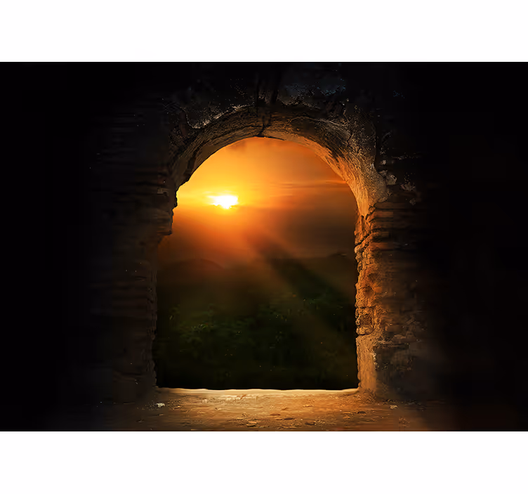 Landskab fototapet solnedgang gennem bue - TenStickers
