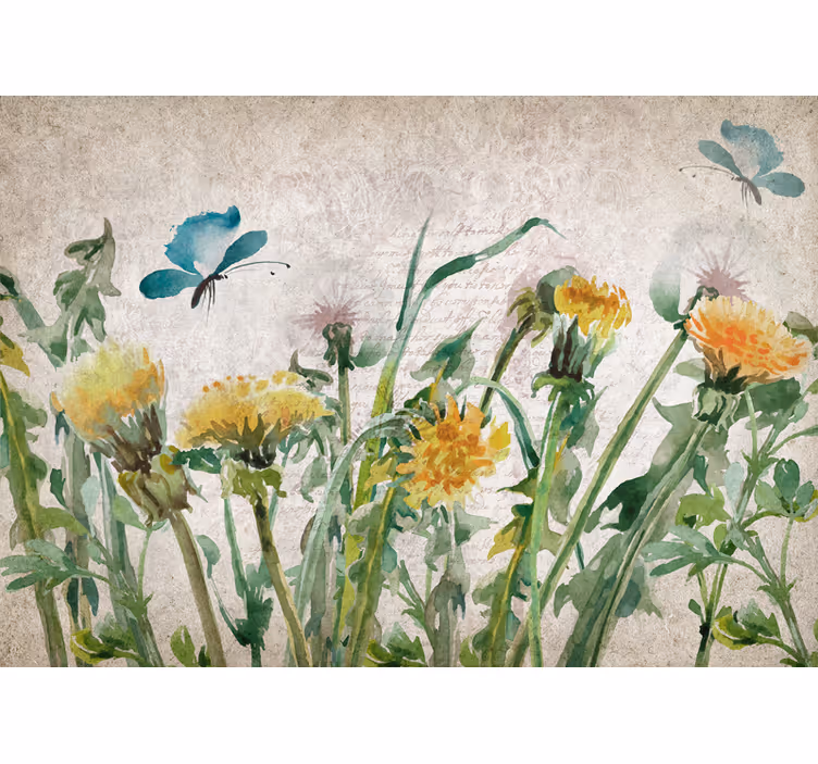 Fototapet blomster mælkebøtter med sommerfugle - TenStickers