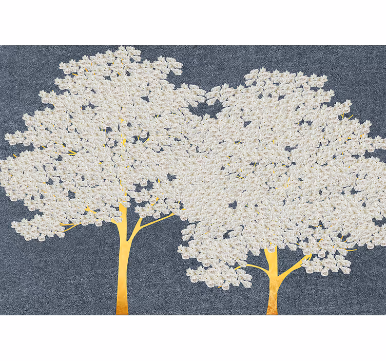 Gyldne træer med hvide blomster fototapet - TenStickers
