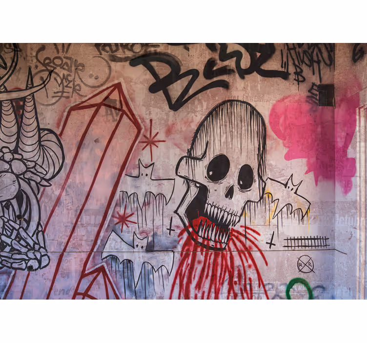 Graffiti fototapet dødningehoved og flagermus - TenStickers