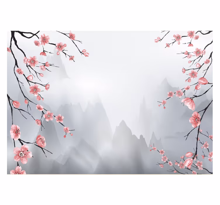 Japansk kirsebærblomstgrene med bjerg fototapet  - TenStickers