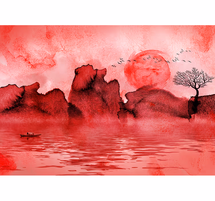 Chinese ink landskab fototapet i rød - TenStickers