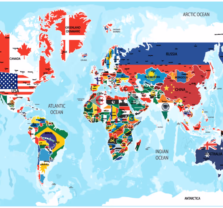 Verdenskort med flag verdenskort vægmaleri - TenStickers
