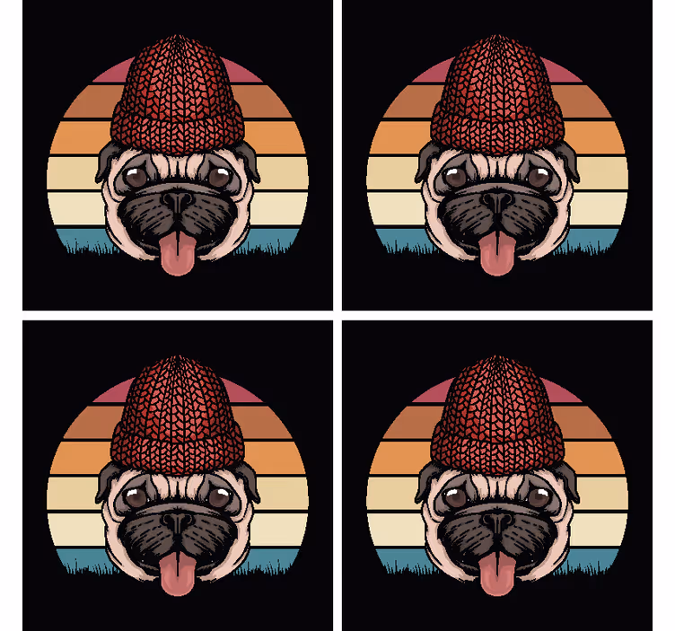 Skør coaster med pug i strikket hat - TenStickers