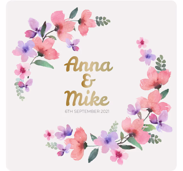 Bryllup coaster med blomsterpar monogram - TenStickers