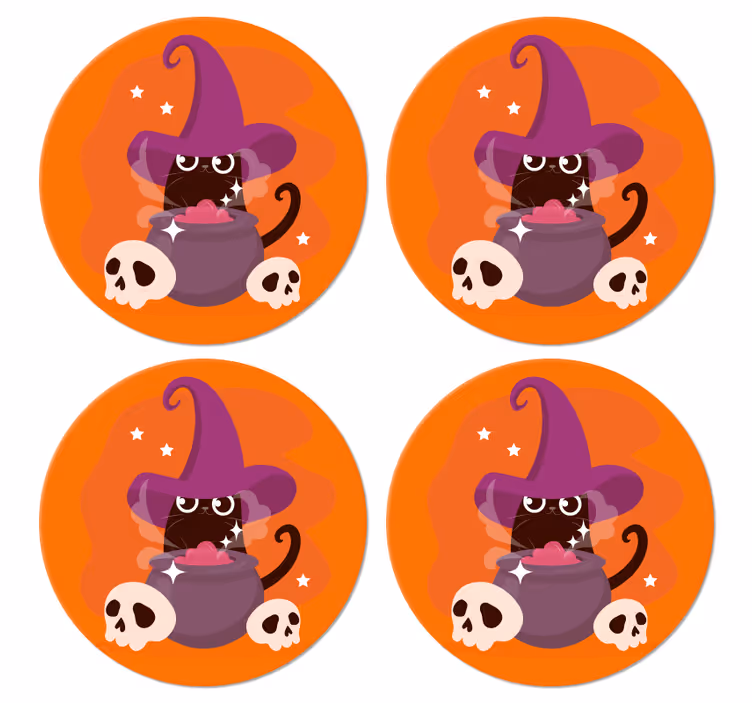Kat, heks hat, illustration, halloween, coaster - TenStickers