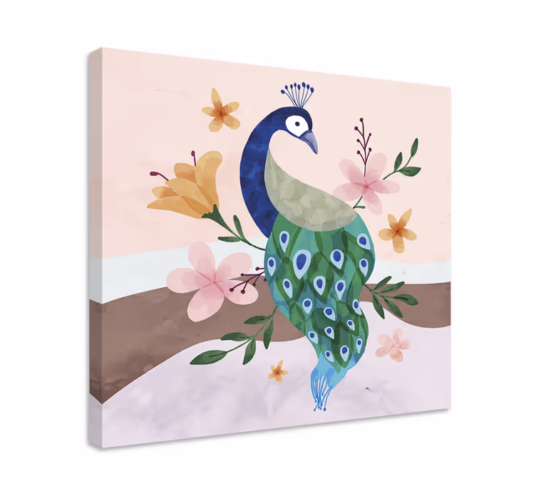 Påfugl med blomster fjer lærred væg kunst - TenStickers