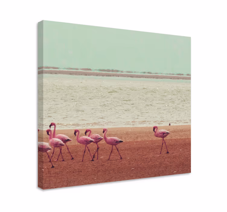 Flamingo gå på stranden lærred væg kunst - TenStickers