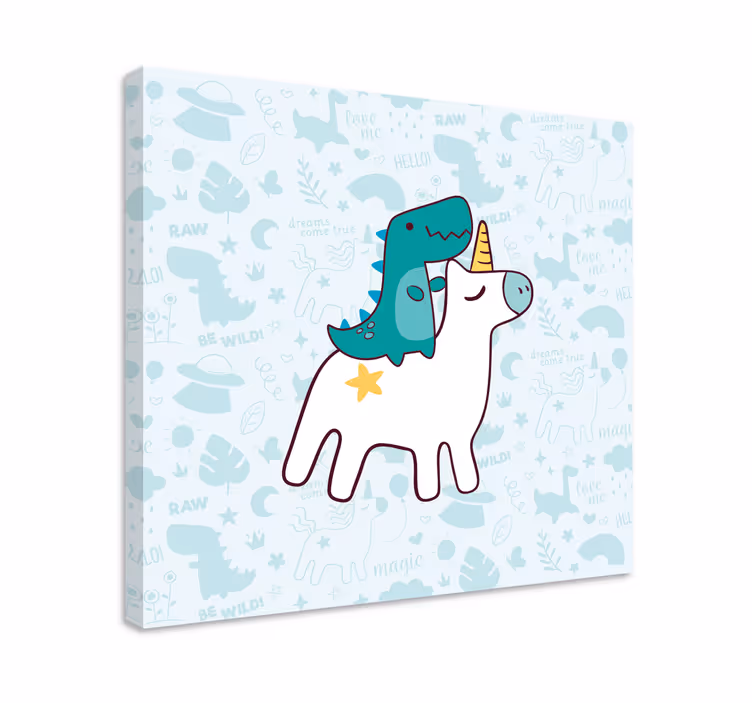 Enhjørning og dinosaur lærredsbillede - TenStickers