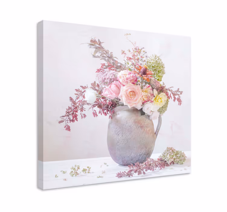 Lyserøde roser på en keramisk vase retro lærred - TenStickers