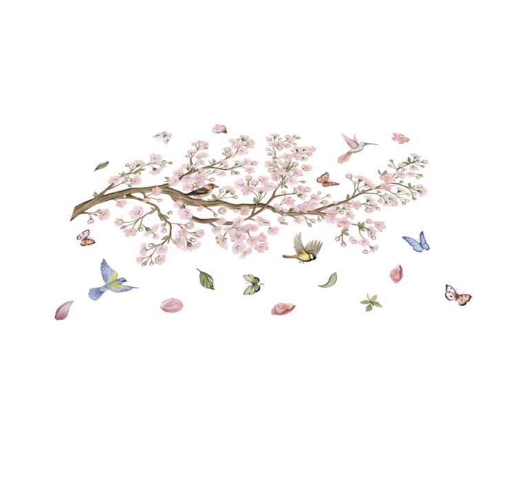 Blomster og planter vinyltæppe med kirsebærblomster og fugle - TenStickers