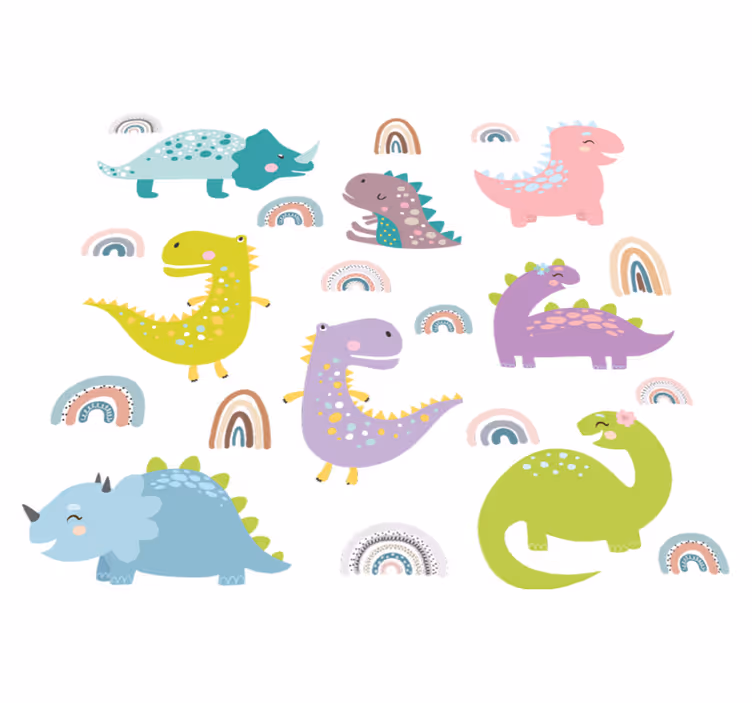 Vinyltæpper med dyr nordiske dinosaurer med regnbuer - TenStickers