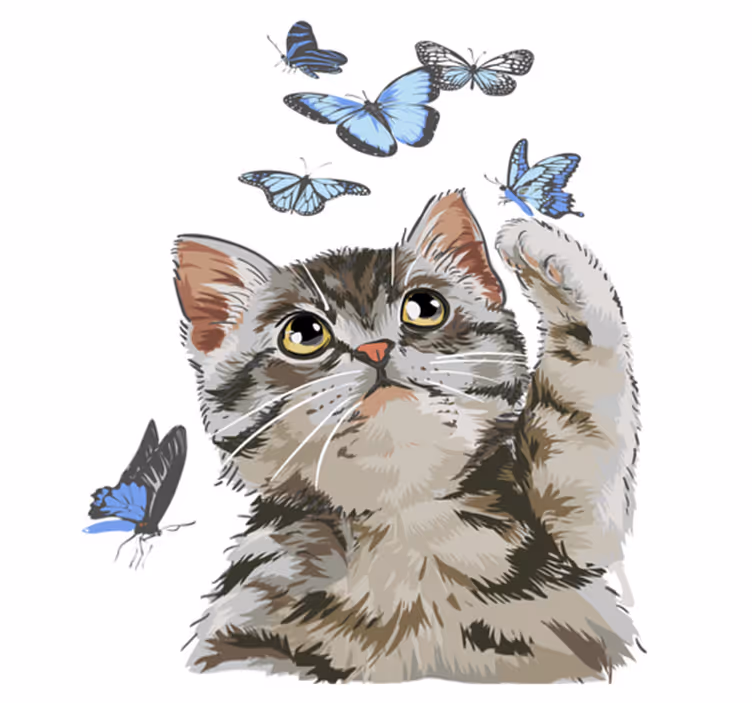 Vinyltæpper med dyr kitty med blå sommerfugle - TenStickers