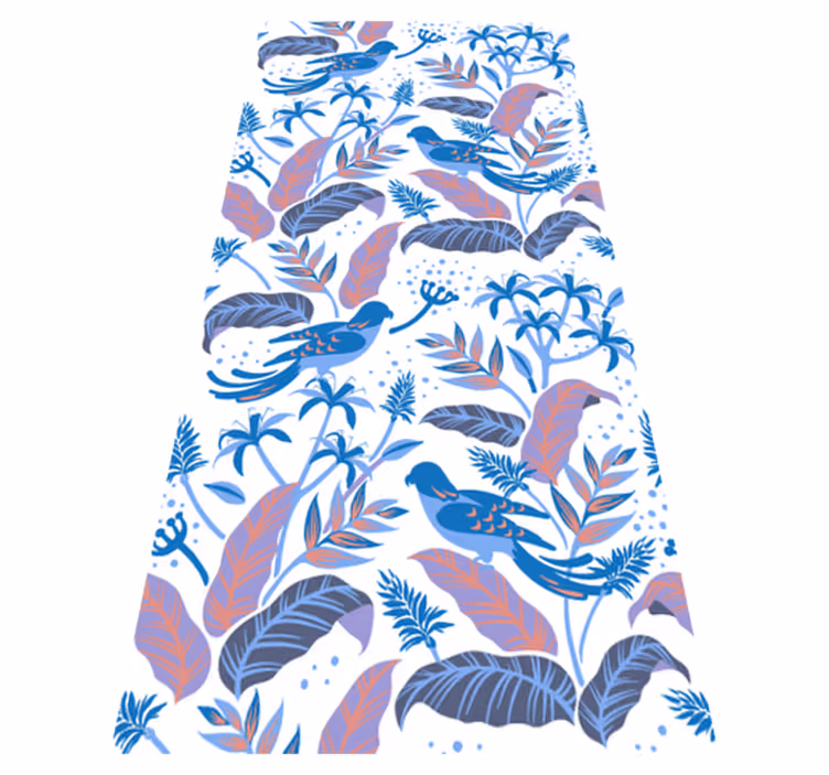 Blomster og planter vinyltæppe med blå og lyserøde fugle - TenStickers