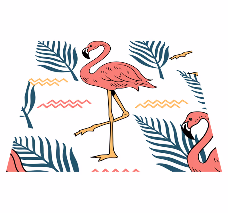Vinyltæppe til soveværelse med tropiske blade og flamingoer - TenStickers
