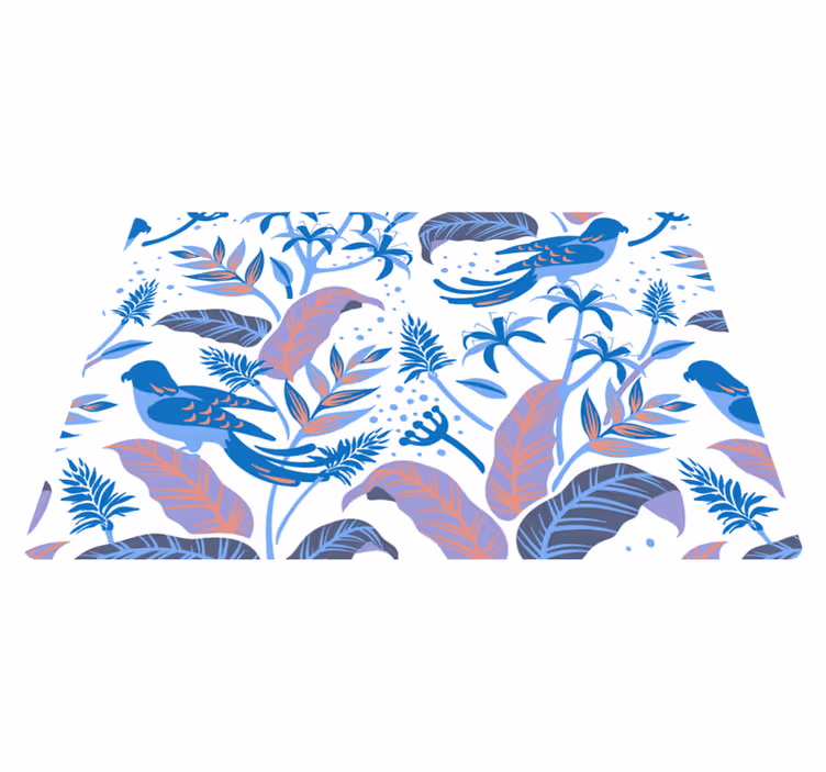 Natur vinyl tæppe med blå og rosa fugle på blade - TenStickers