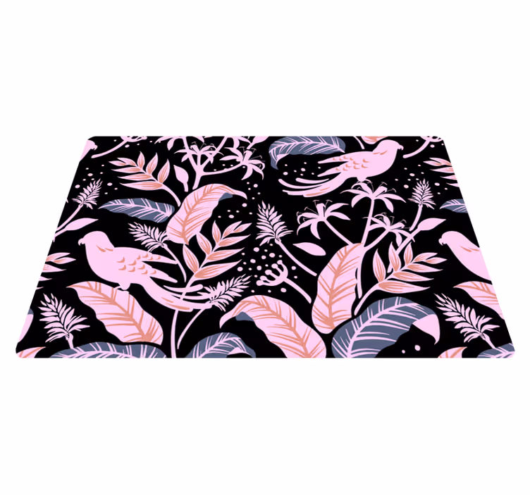 Blomster og planter vinyltæppe med sorte og lyserøde fugle - TenStickers