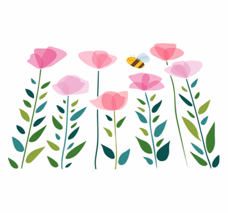 Tæppe til børneværelse med pink blomster og bi - TenStickers