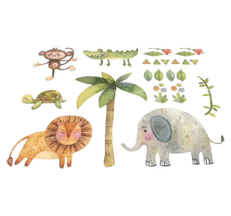 Tæppe til børneværelse med akvarel jungle dyr - TenStickers