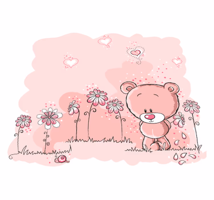 Tæppe til børneværelse med pink bjørn og blomster - TenStickers