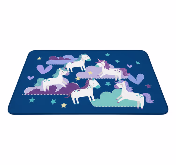 Tæppe til børneværelse med søde unicorns skyer og stjerner - TenStickers