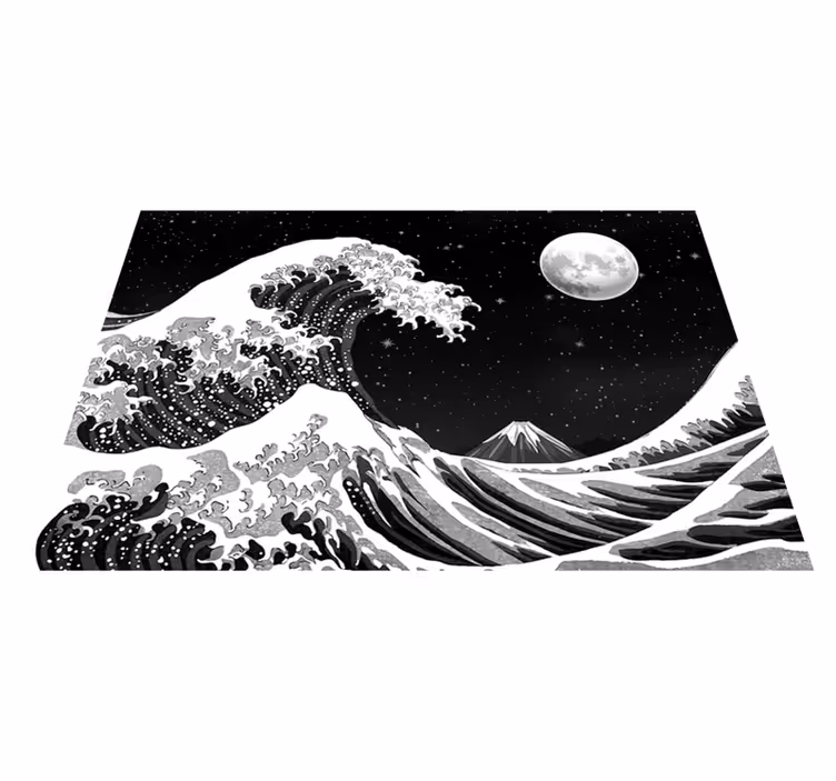 Sorte vinyl tæppe japansk kanagawa bølge om natten - TenStickers