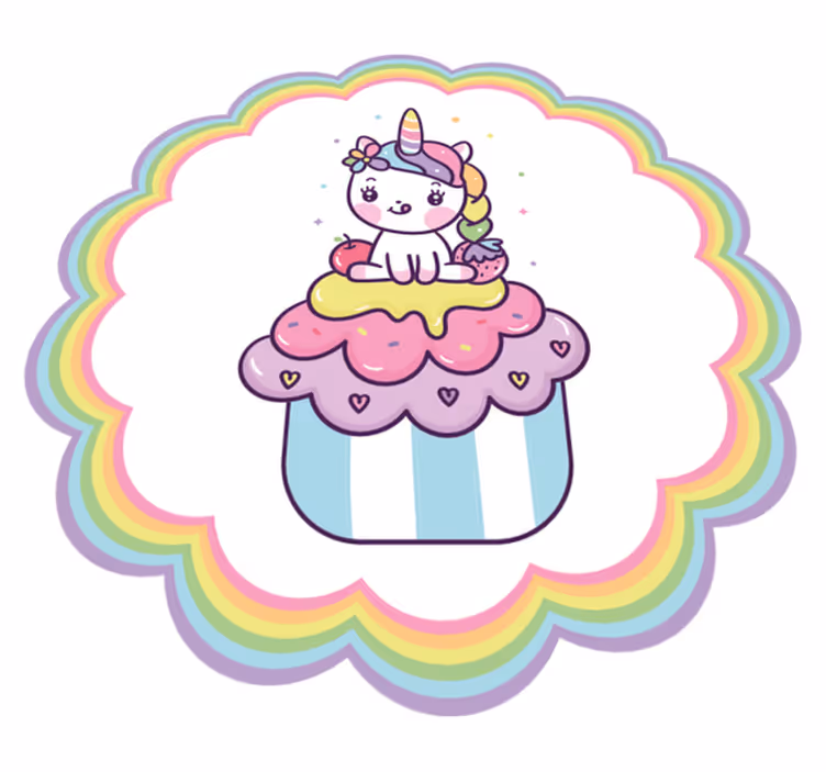 Enhjørning sidder på stort cupcake smilende vinyltæppe - TenStickers