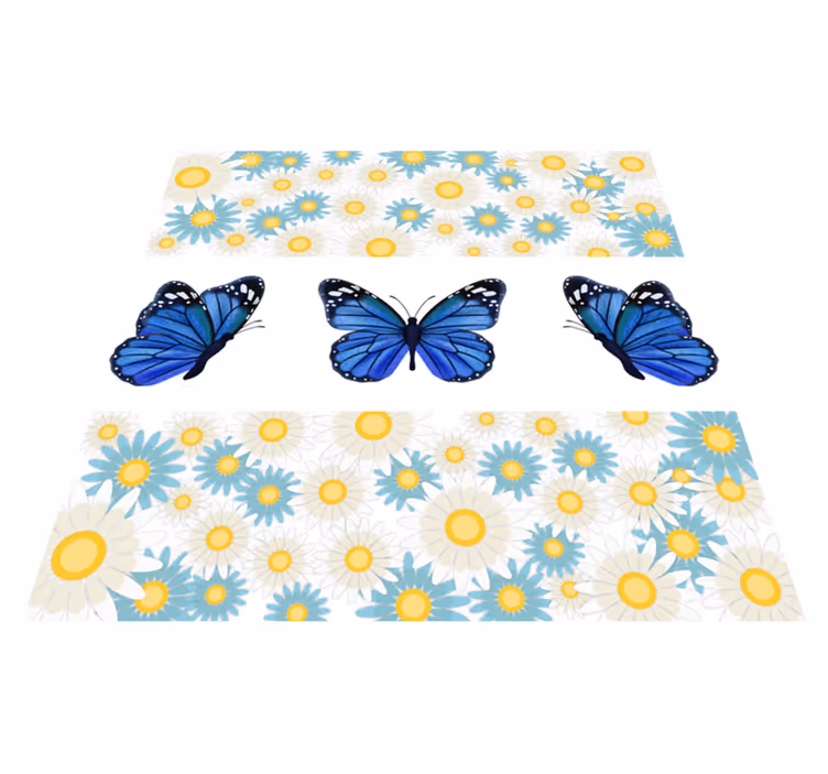 Blå sommerfugle Blomster og planter vinyltæppe - TenStickers